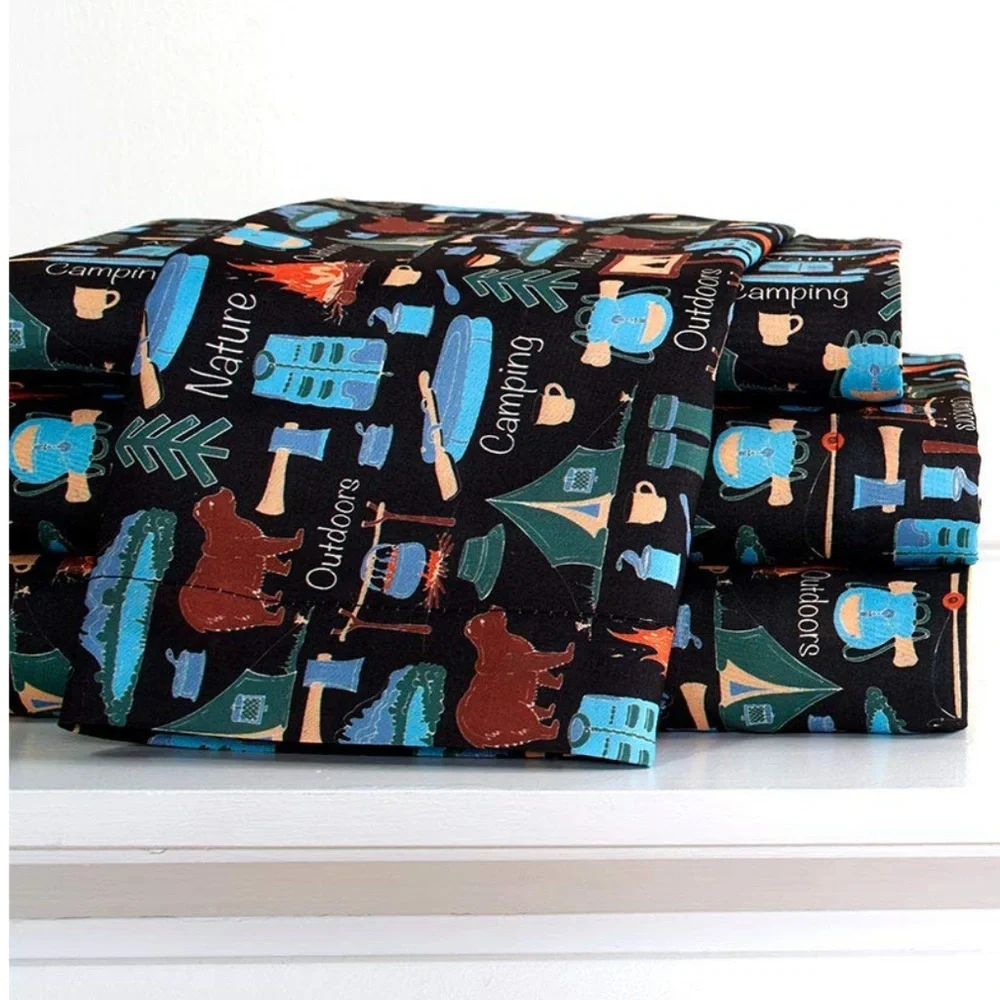 Kids Sheet Set-Campsite Retro Camp Print 3Pc. Set NAVY BLUE-TWIN